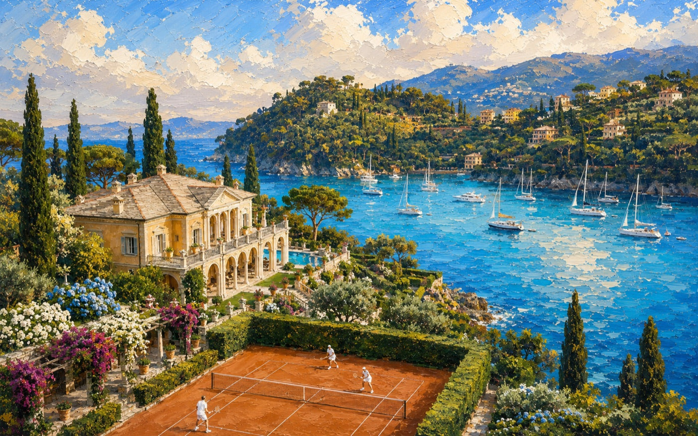 A painterly Mediterranean estate above a marina and clay tennis court
