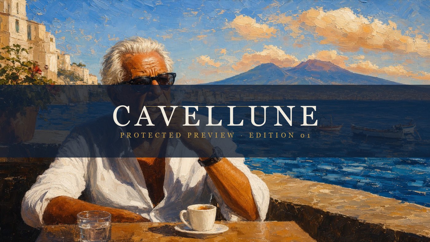 An elegant older man at a waterfront café with Naples and Vesuvius behind him