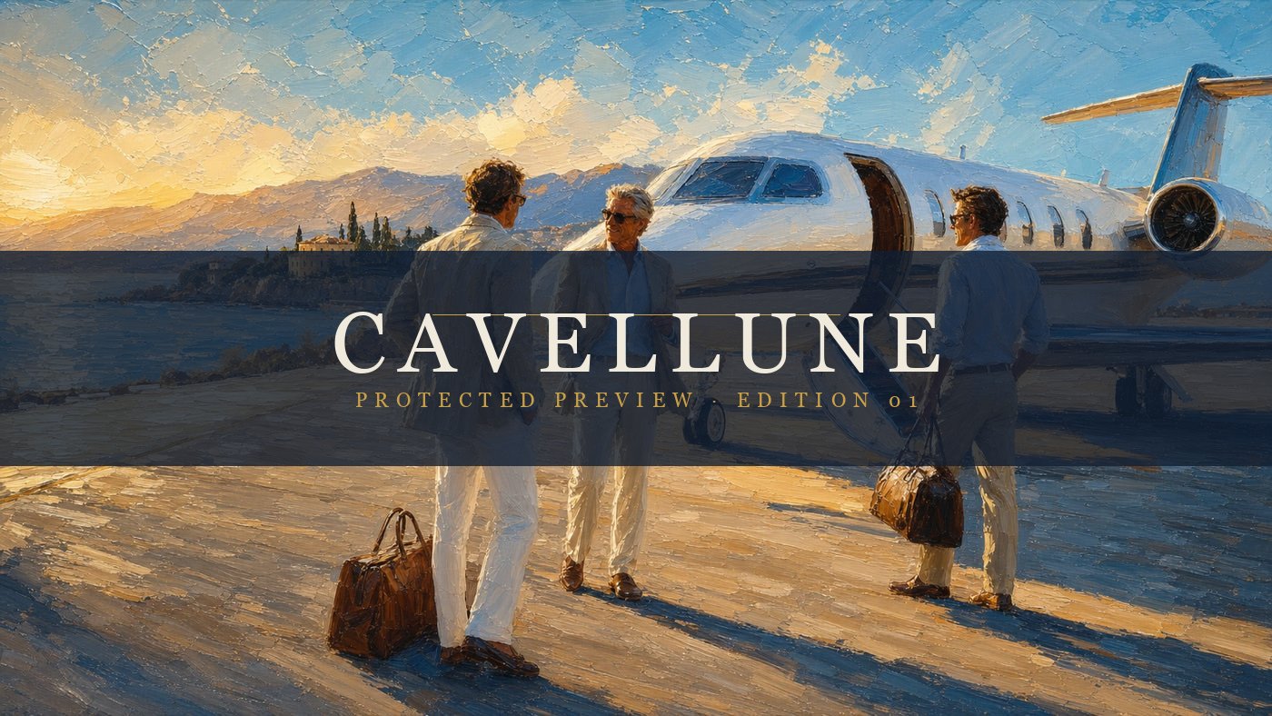 Three travellers beside a private jet at golden hour