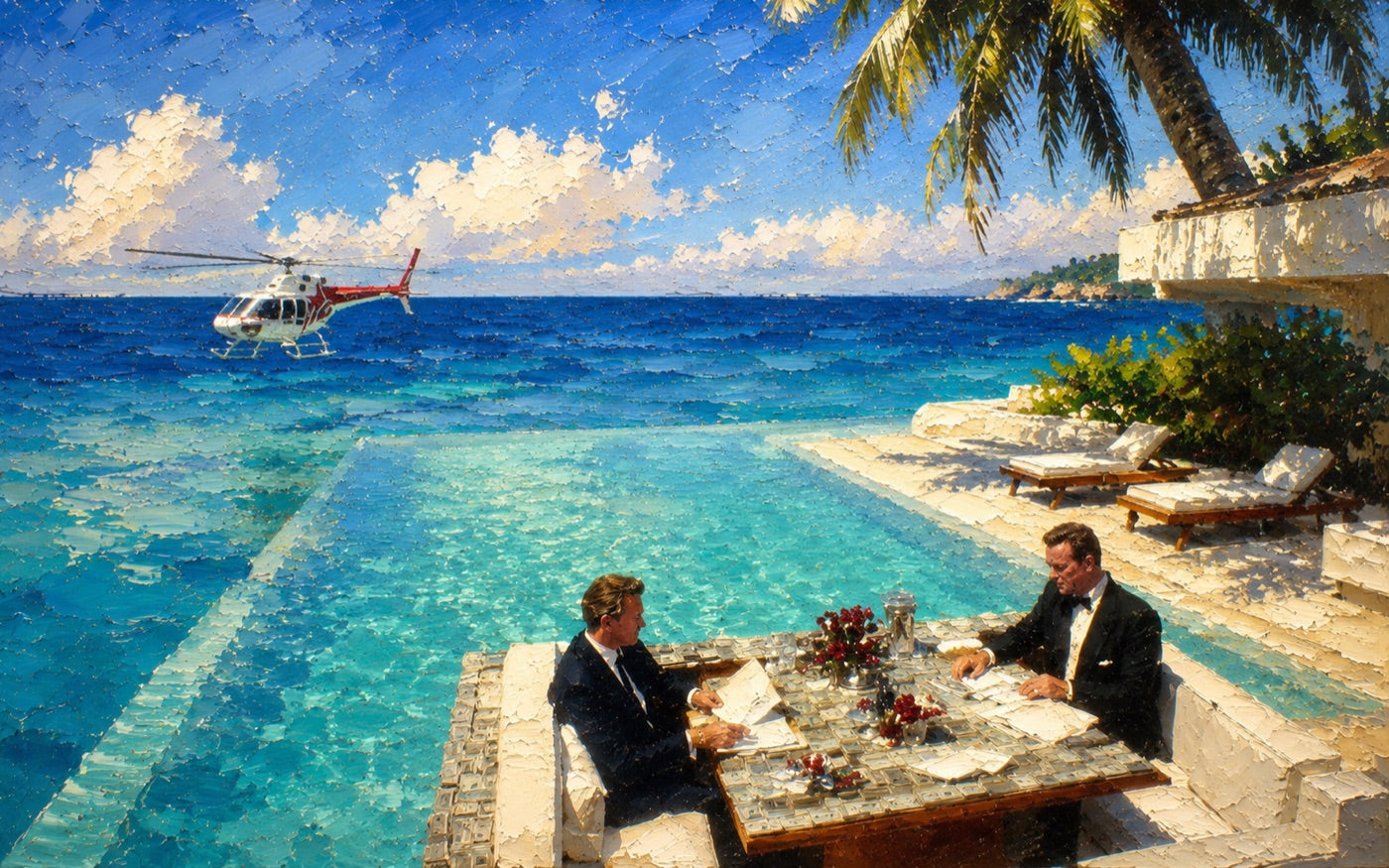 Two men at a private seaside table beside an infinity pool