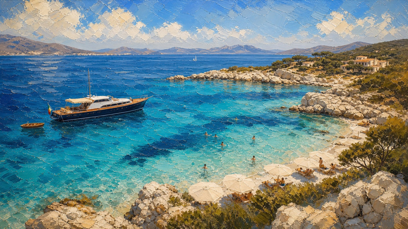 A yacht anchored in clear Mediterranean water below a rocky cove