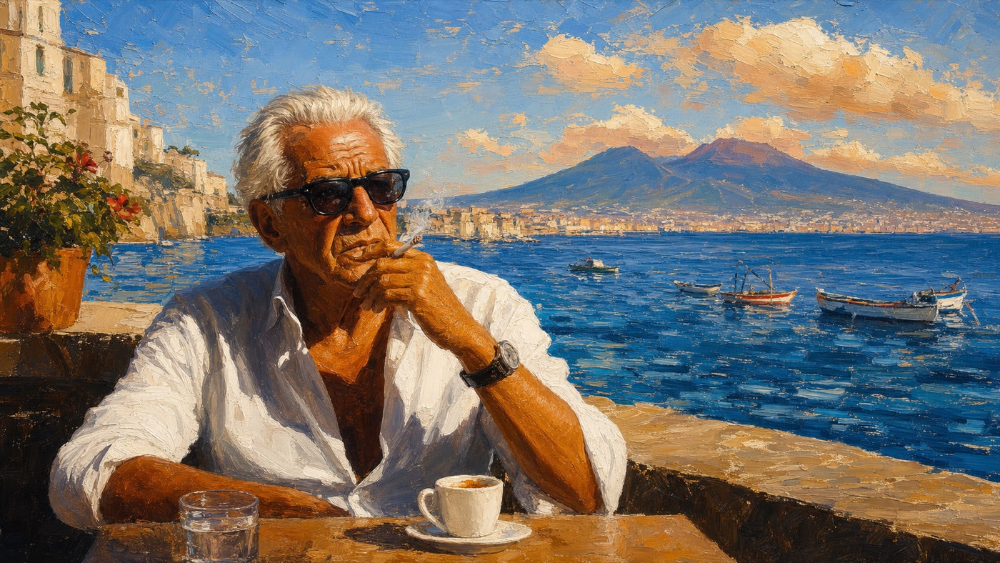 An elegant older man at a waterfront café with Naples and Vesuvius behind him