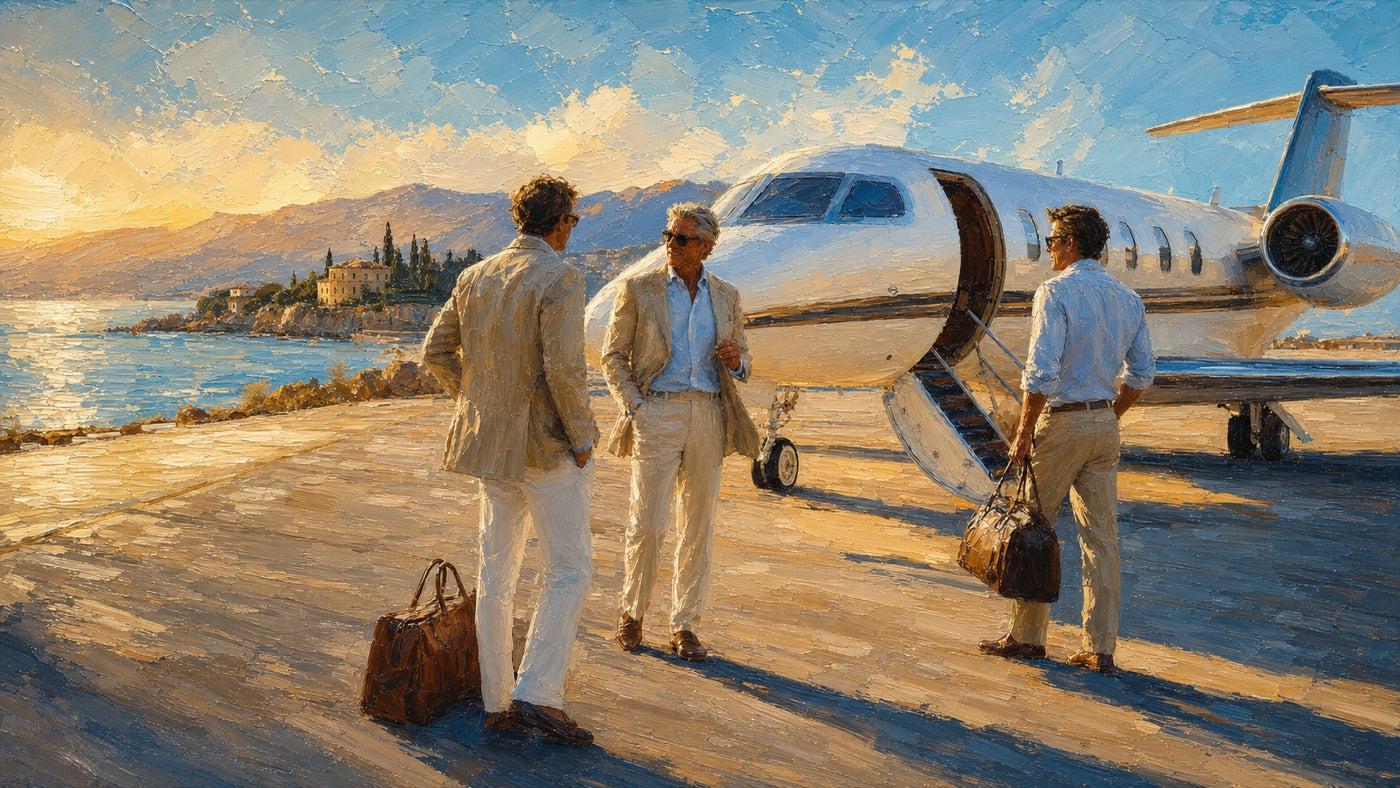 Three travellers beside a private jet at golden hour